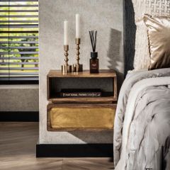 Kelsie nachtkastje 1L groot - brass/massief mango bruin