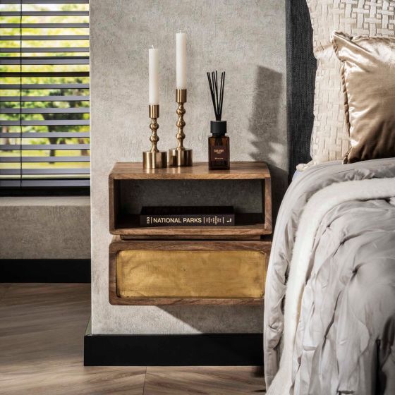 Kelsie nachtkastje 1L groot - brass/massief mango bruin