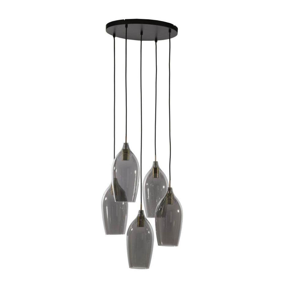 Light & Living Lukaro hanglamp 5L Ø45x36 cm - antiek brons/glas smoke